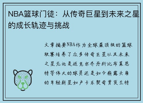 NBA篮球门徒：从传奇巨星到未来之星的成长轨迹与挑战