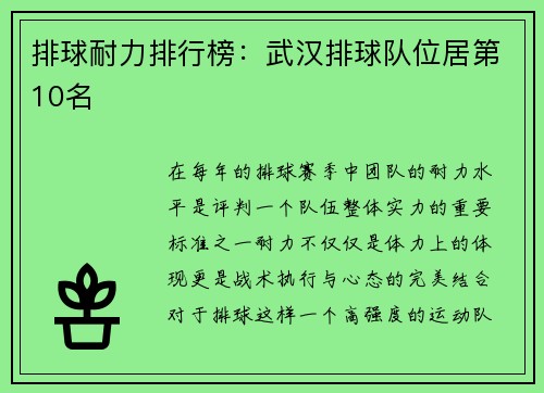 排球耐力排行榜：武汉排球队位居第10名