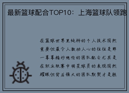 最新篮球配合TOP10：上海篮球队领跑